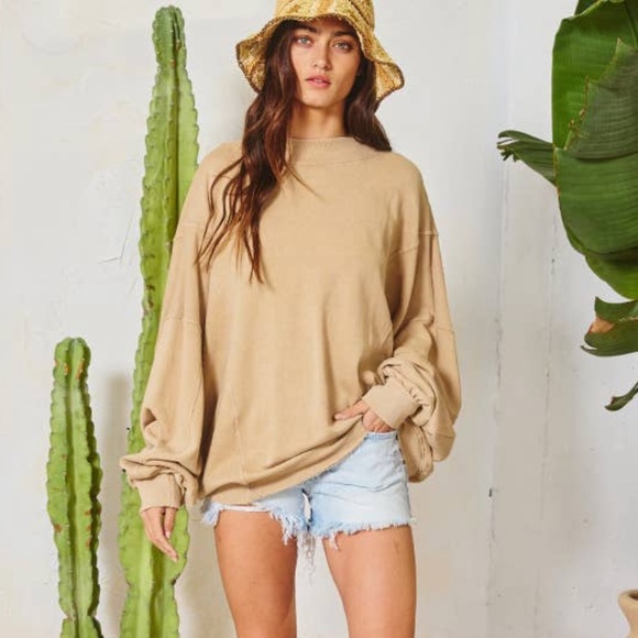 ✨NEW LIST✨ Reversible Twist French Terry Baggy Comfy Tan Sweater With Pockets - Picture 5 of 6